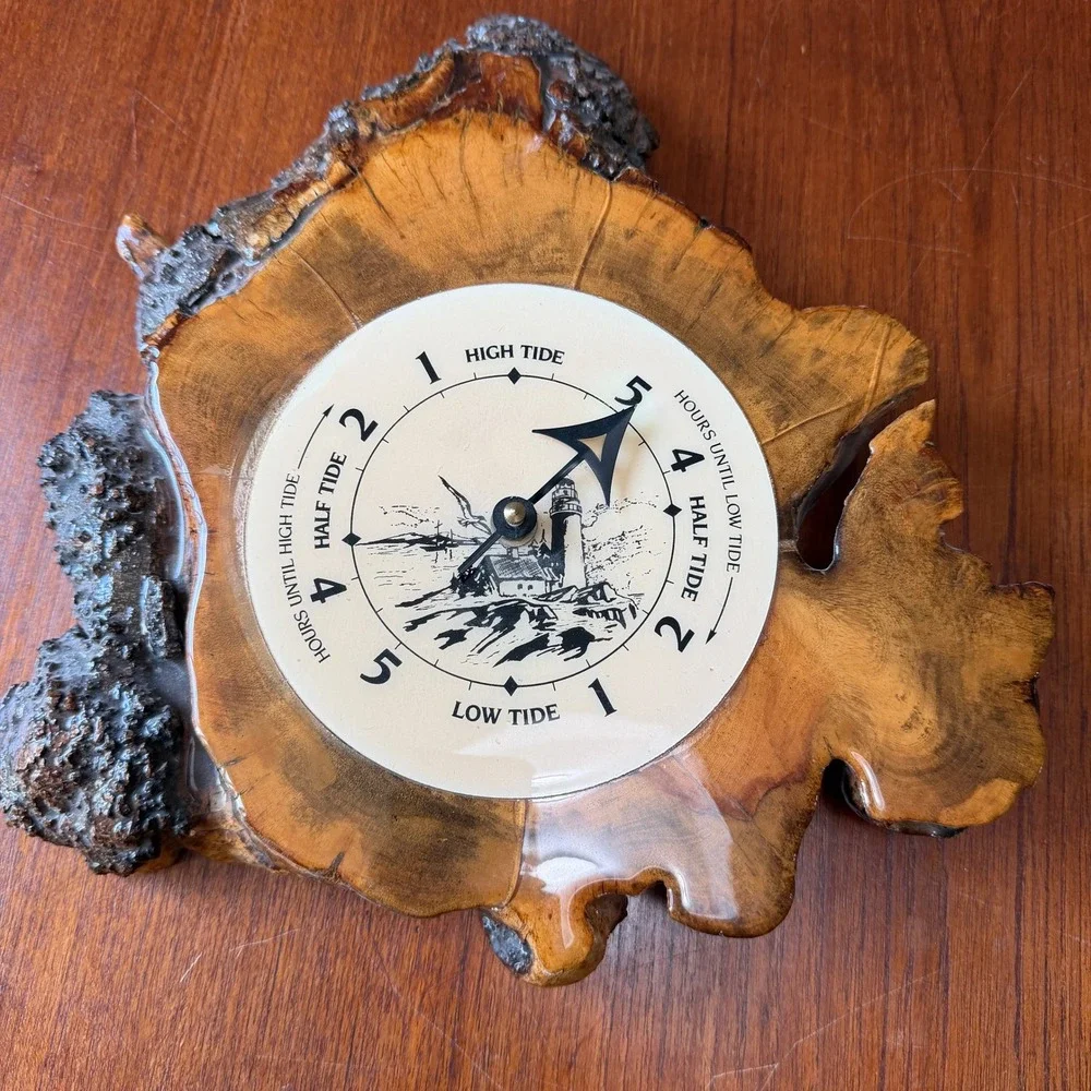 Vintage Live Edge Wood Slab Tide Clock Lighthouse Coastal Nautical Alaska Ocean